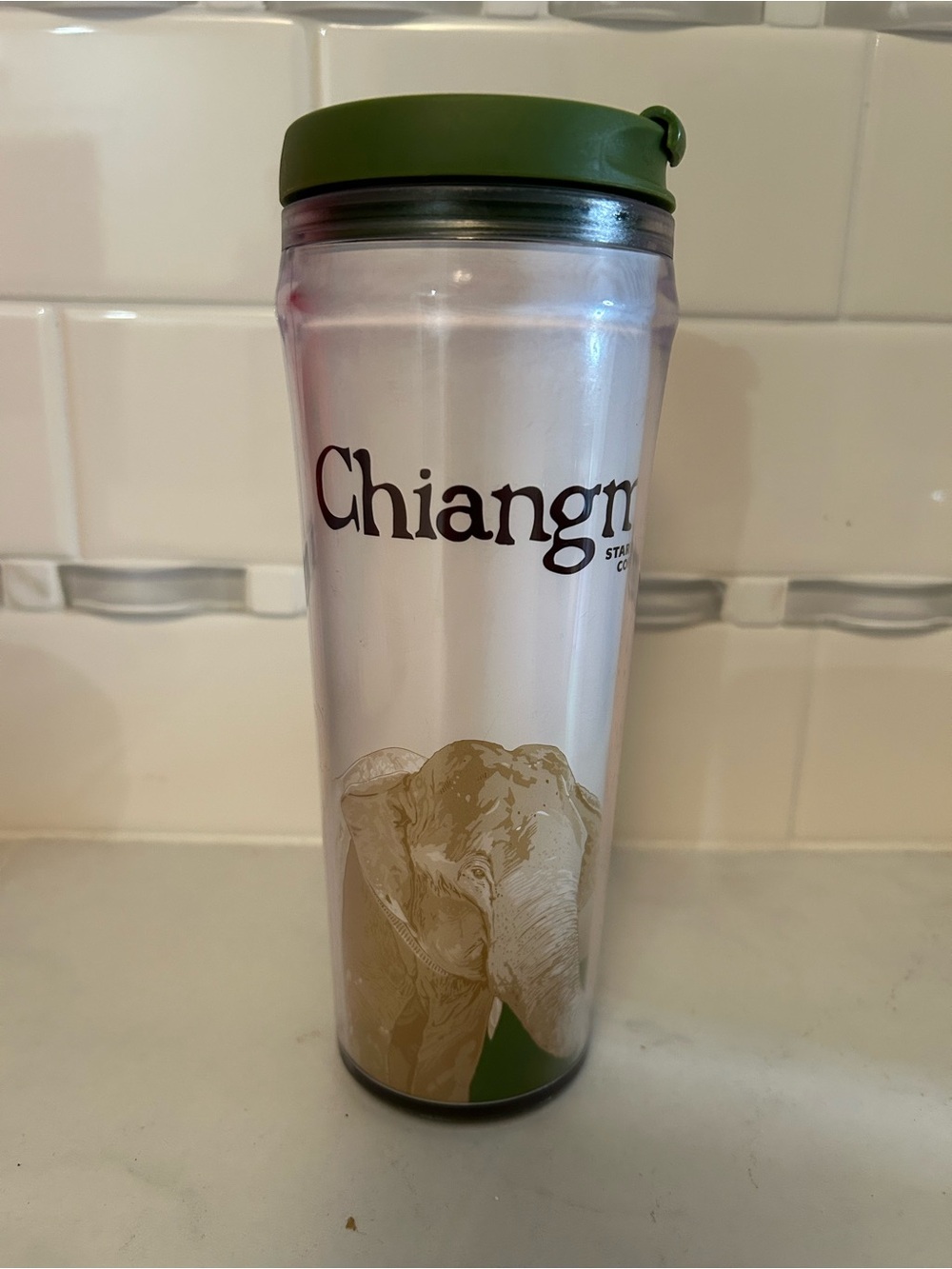 Starbucks Chiangmai Travel Tumbler mug
 with Green Lid and Beige Elephant
